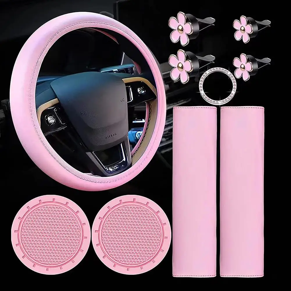 10 Pcs Leather Steering Wheel Cover For Women Cute Car Accessories Set With Seat Belt Shoulder Pads Cup Holders Car Decorations-animated-img