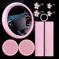 10 Pcs Leather Steering Wheel Cover For Women Cute Car Accessories Set With Seat Belt Shoulder Pads Cup Holders Car Decorations