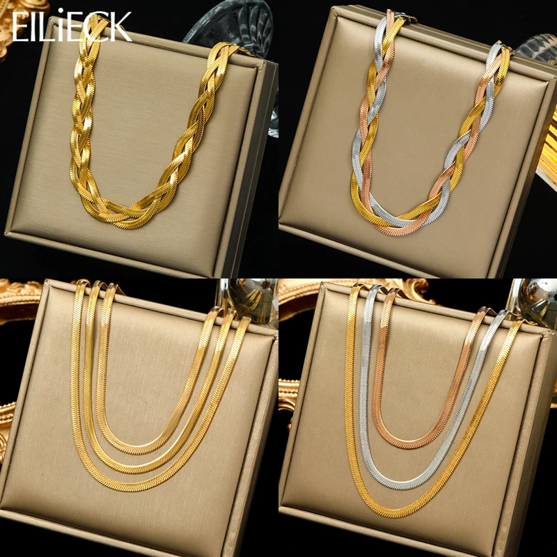 EILIECK 316L Stainless Steel Multi-layer Flat Snake Chain Necklace For Women Girl Fashion Neck Chain Non-fading Jewelry Gift-animated-img