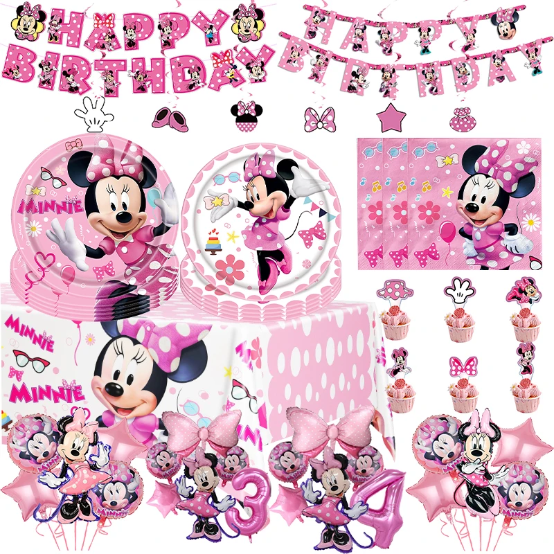 Disney Minnie Mouse Party Decorations Pink Minnie Tableware Paper Cups Plates Napkin Tablecloth Banner Kids Birthday Baby Shower-animated-img