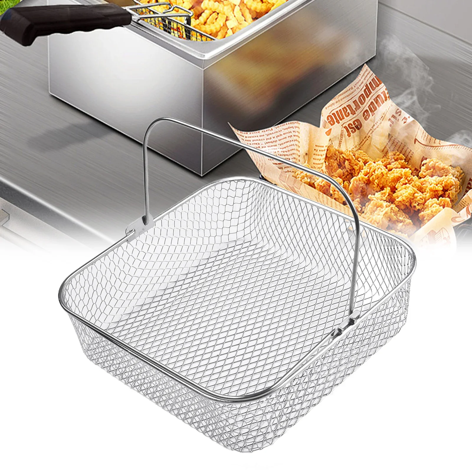 Square Stainless Steel Air Fryer Basket For 5.8QT 6QT Air Fryer Accessories 20*20*6cm For Chicken Steak Desserts Snacks Fried-animated-img