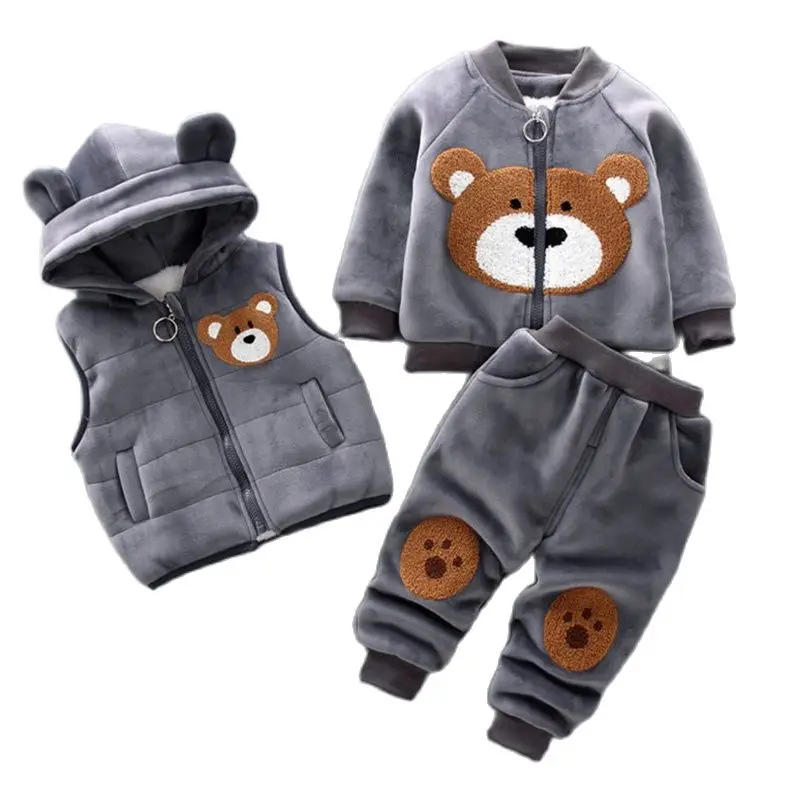 Autumn Winter Baby Boys Clothes Sets Thick Fleece Cartoon Bear Jacket Vest Pants 3Pcs Cotton Sport Suit For Girls Warm Outfits-animated-img