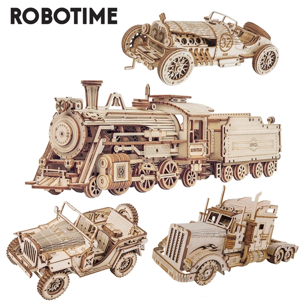 Robotime Rokr 3D Puzzle Movable Steam Train,Car,Jeep Assembly Toy Gift for Children Adult Wooden Model Building Block Kits-animated-img