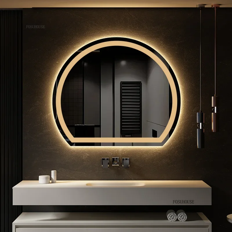 Bathroom Wall-mounted Mirror Semicircular LED Smart Bath Mirrors Toilet Special-shaped with Light Touch Screen Anti-fog Mirrors-animated-img