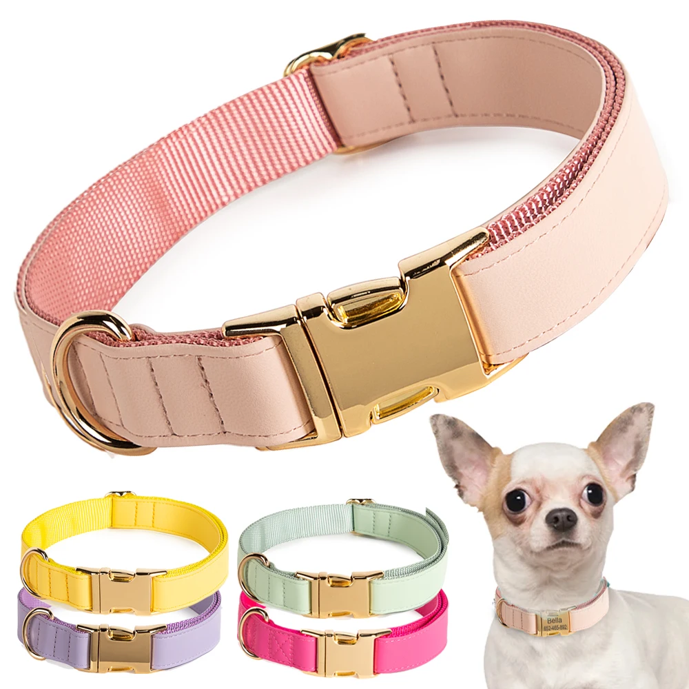 Leather Dog Collar Double Layers Nylon Padded Safety Metal Buckle Adjustable PU Leather Dog Collars for Small Medium Large Dog-animated-img