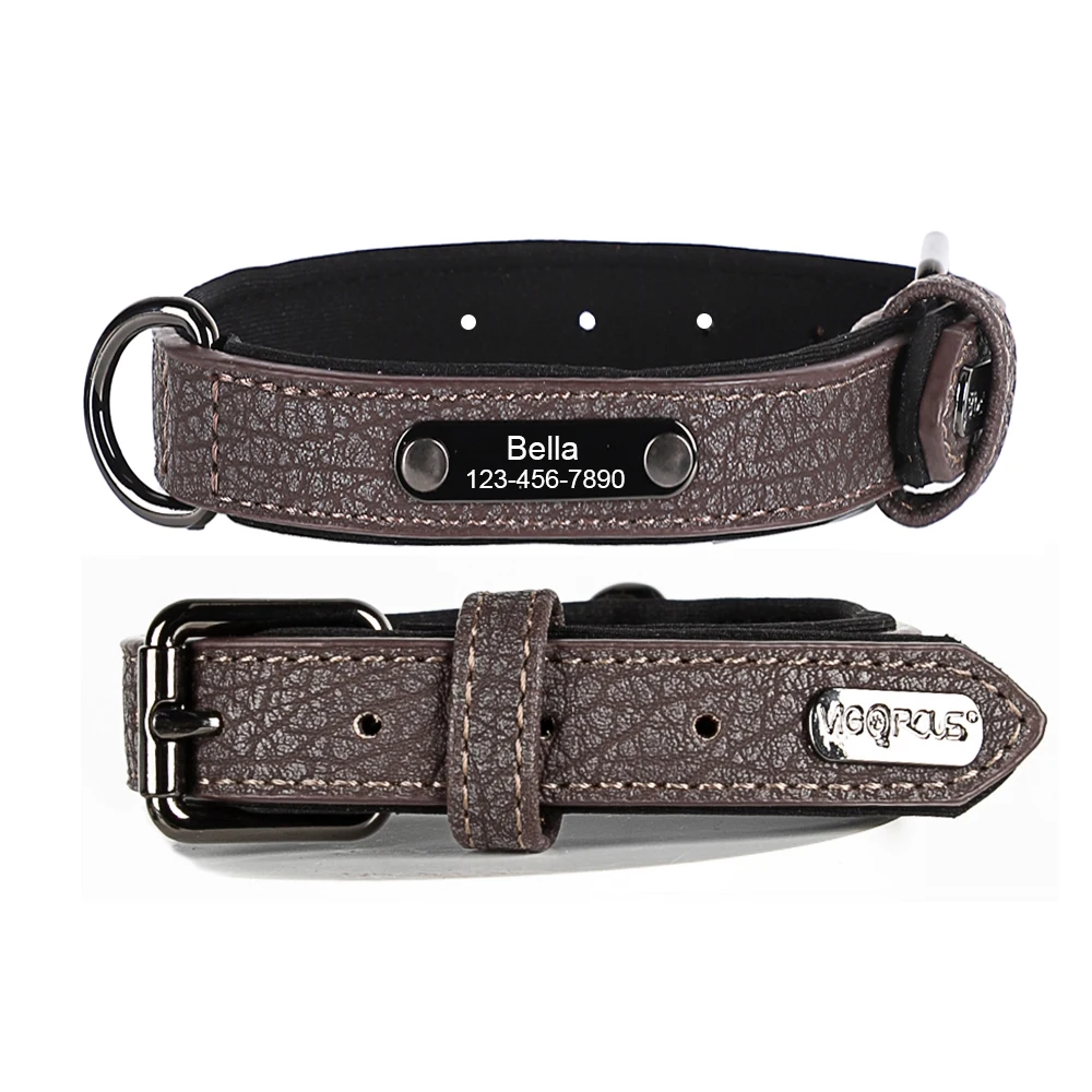 Genuine Leather Dog Collars with Engraved Nameplate Personalized Brown Soft Leather Dog Collar for Medium Large Dog Collars-animated-img