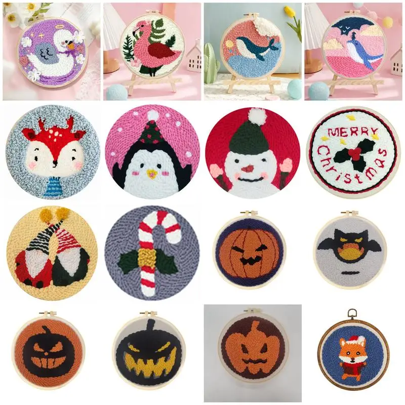 20x20cm Punch Needle Embroidery Starter Kits Christmas Halloween Picture DIY Needle Craft Embroidery Supply for Adults Beginner-animated-img