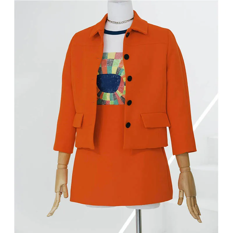 22 Spring Orange Silk Wool Skirt Set Women Long Sleev Single Breasted Lapel Collar Short Blazer Elegant High Waist A-line Skirt preview-7