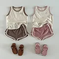 2Pcs Children Boys Girls Summer Outfits Sets Toddler Casual Sleeveless Kids Vest + Shorts Patchwork Cotton Tees Clothing Suit