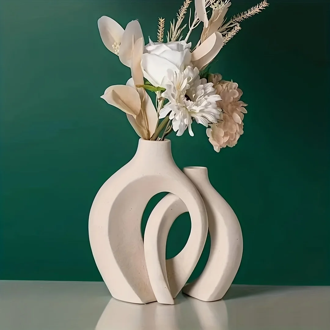 Hollow Nordic Modern Ceramic Vase Set of 2 for Modern Home Decor,Modern Boho Hollow Flower Vases for Living Room Bookshelf-animated-img
