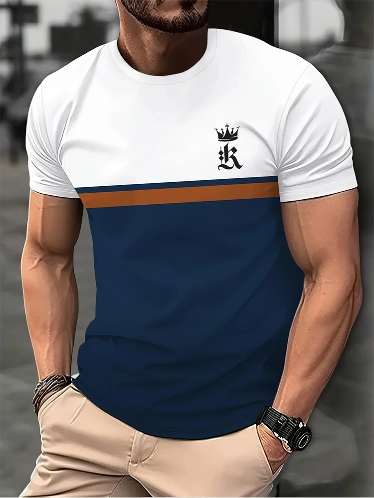 New Summer Men's Casual Short Sleeve Splicing Color R Print Social Party Daily Top Retro Classic Trend Sports T-Shirt Streetwear-animated-img