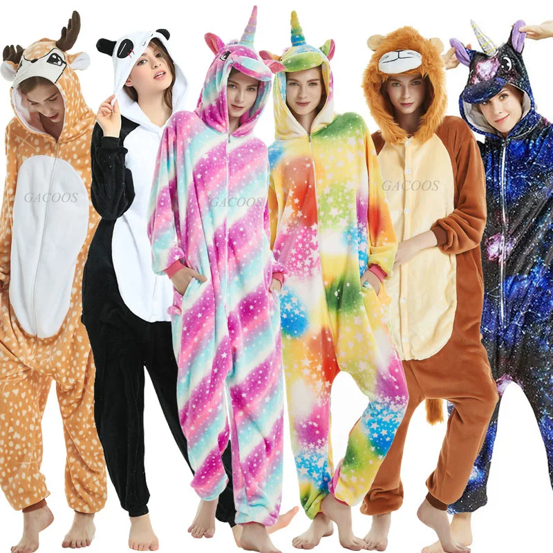 Adults Animal Onesies Unicorn Kigurumi Pajamas Sleepwear Women Men Winter Unisex Lion Deer Costumes Kids Cartoon Flannel Pajamas-animated-img