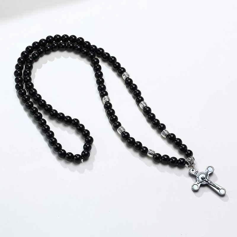 MEN BLACK CARNELIAN STONE ROSARY BEAD 