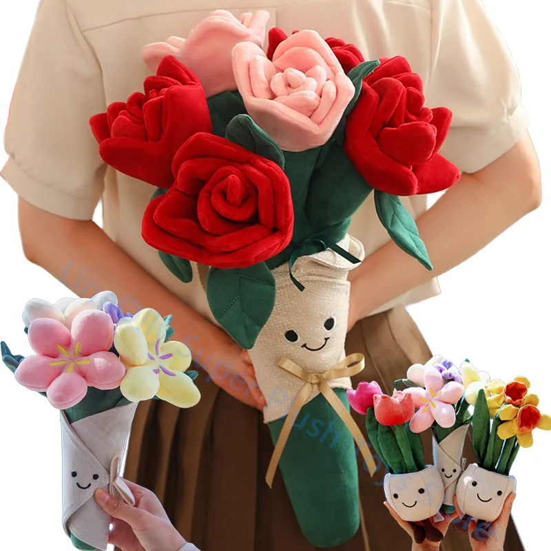 Creative Plant Rose Flower Plush Toy Cartoon Stuffed Bouquet Blossom Narcissus Tulip Succulent Potted Valentine Gifts Room Decor-animated-img