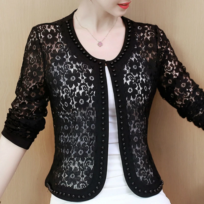 Women Jacket Long Sleeve Black Hollow 