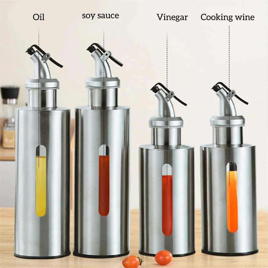 190ml/290ml Stainless Oil Bottle Sauce Holder Dispenser Glass Visual Window Container Jar Gadget for Seasoning Roasting Tools-animated-img