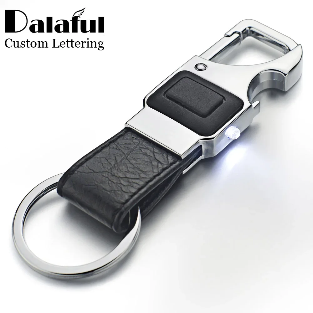 Dalaful Custom Lettering Keychain LED Lights Lamp Beer Opener Bottle Multifunctional Leather Men Car Key Chain Ring Holder K355-animated-img