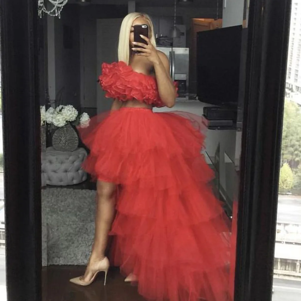 New Fashion Red Puffy Tulle Women Skirts Sexy High Low Tiered Rufflles Mesh Girls Skirt Female Layered Tutu Party Clothing-animated-img