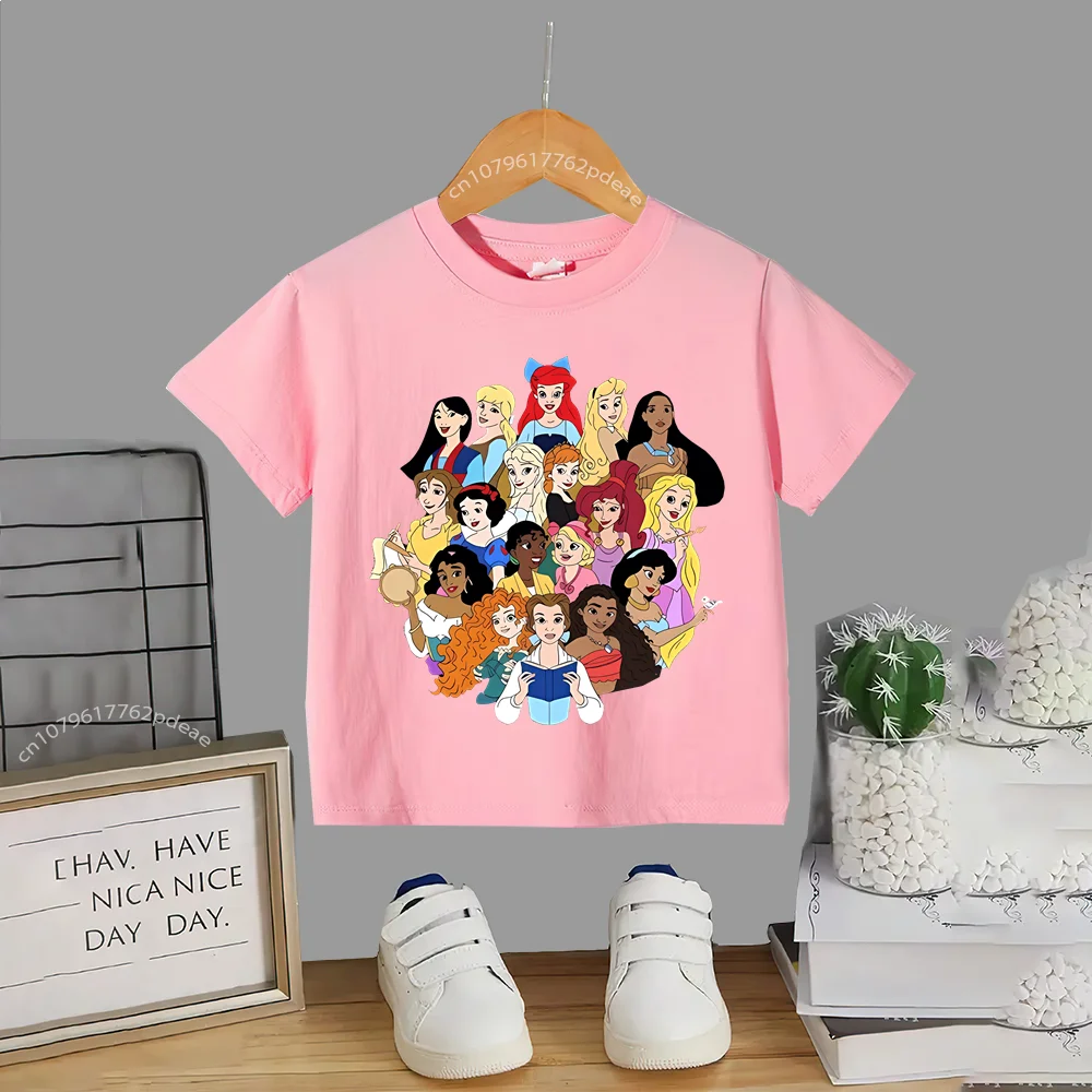 Disney Teen 100% Cotton T-shirt Baby Baby Barbie Princess Printed Cotton round Neck T-shirt Boys Girls Comfortable casual short-animated-img