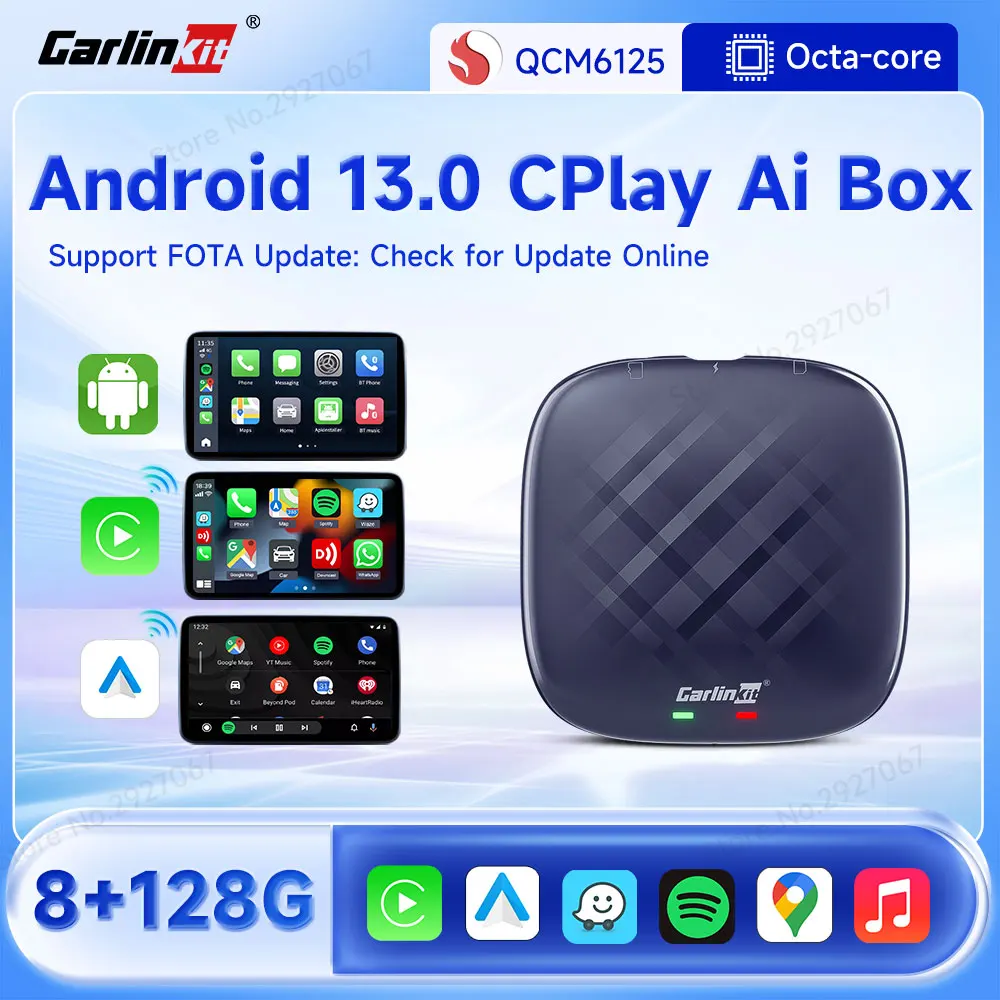 CarlinKit Android 12 CarPlay Ai Box Plus, 4 GB+64 GB, Snapdragon QCM  6125,Support Wireless CarPlay/Wireless Android Auto, Google Play Store,  Netflix, , World tv Online, Blue