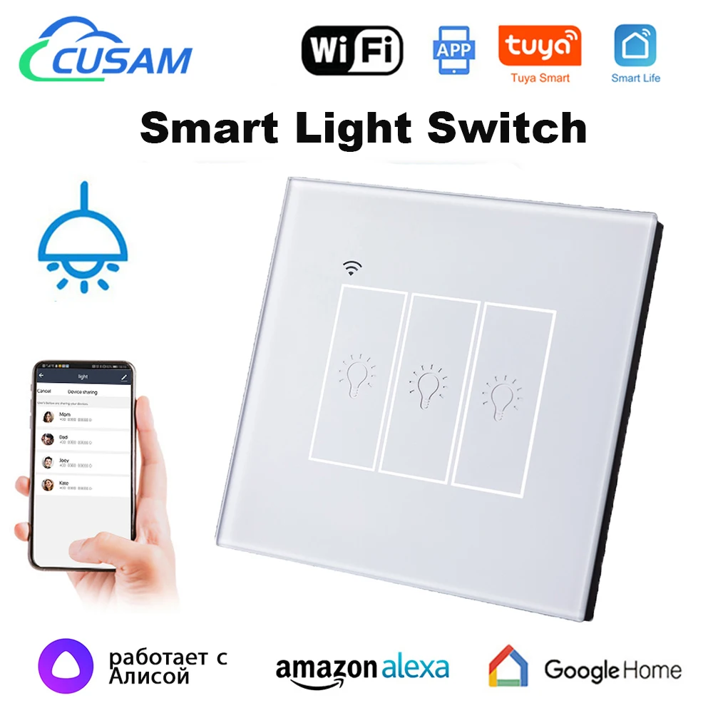 Tuya Smart Life EU Wifi 1/2/3 Gang 10A Light Switch Glass Screen Touch Panel Wireless Wall Switches with Alexa Google Home Siri-animated-img