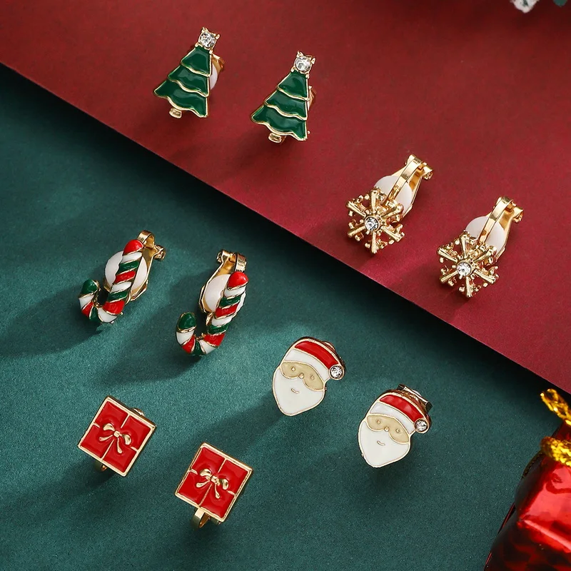 5 Pairs/Set Christmas Ear Clip Earrings For Women Zircon Xmas Tree Santa Claus Snowflake Ear Bone Clip Earring Party Jewelry-animated-img