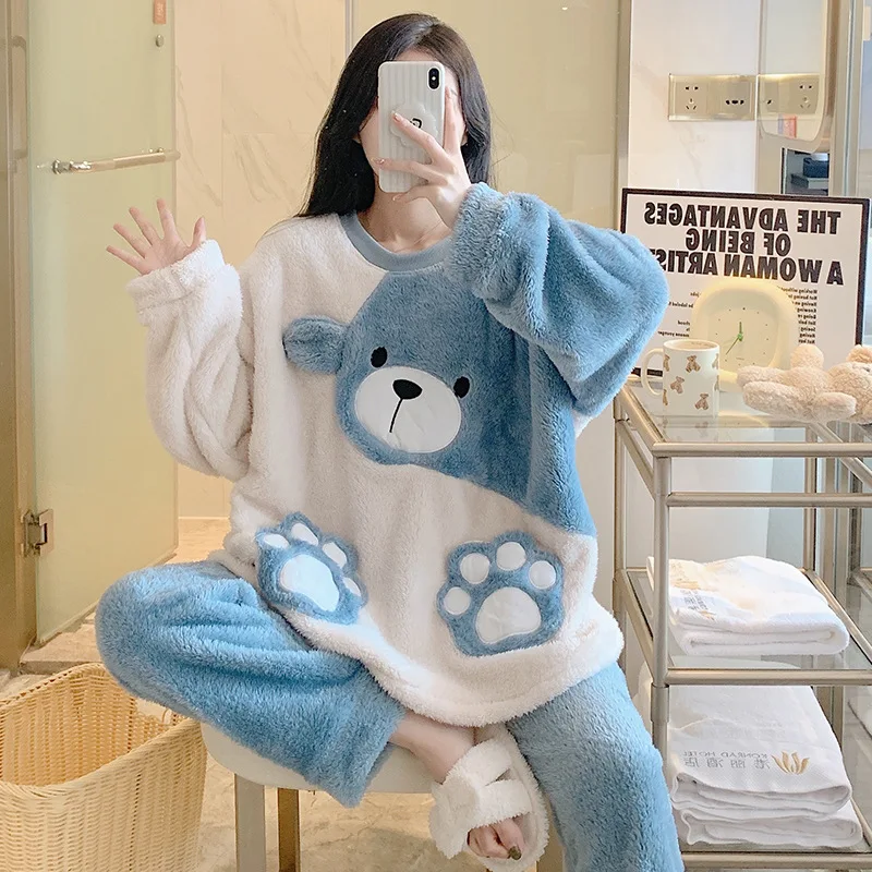 Winter Cute Bear Flannel Pajamas Set for Women Kawaiii Sleepwear for Girl Fashion Pullover Velvet Woman's Pijamas Plus Size 5xl-animated-img