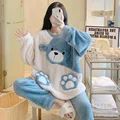 Winter Cute Bear Flannel Pajamas Set for Women Kawaiii Sleepwear for Girl Fashion Pullover Velvet Woman's Pijamas Plus Size 5xl