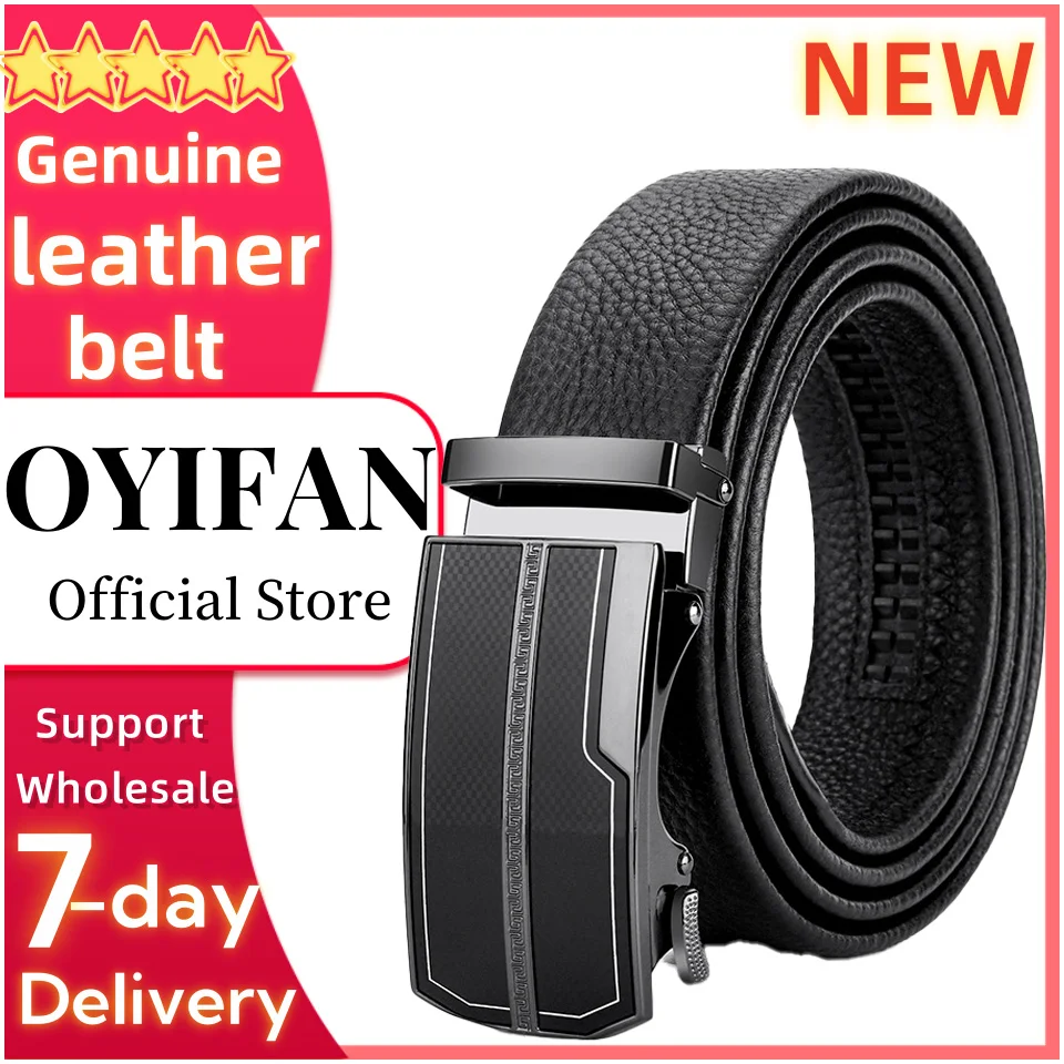 OYIFAN Men's Leather Belts Fashion Automatic Buckle Cowskin Male Belts Luxury Designer Black 3.5cm Ratchet Belt for men-animated-img