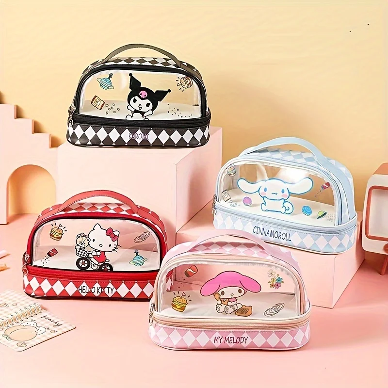 Hello Kitty & Kuromi PU Material Cosmetic Bag, Cinnamoroll Large Capacity School Supplies Organizer, With Organizer Compartment-animated-img