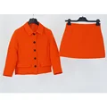 22 Spring Orange Silk Wool Skirt Set Women Long Sleev Single Breasted Lapel Collar Short Blazer Elegant High Waist A-line Skirt preview-3