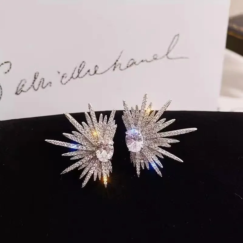 Luxury Silver Color Zircon Wings Stud Earrings for Women Full Rhinestone Firework Snowflake Pearl Earring Girls Party Jewelry-animated-img