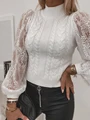 Elegant Lace Stitching Sweater Women Knitted Puff Long Sleeve Top Casual White Pullover Autumn Winter Turtleneck Sweaters 2023 preview-2