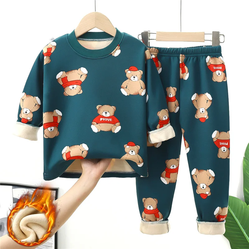 Kids Warm Pajama Sets Autumn Winter Plus Velvets Clothing Suits Boys Girls Fashion Print Pullover+Pants 2Pcs Outfits 1-14 Years-animated-img