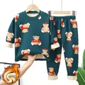 Kids Warm Pajama Sets Autumn Winter Plus Velvets Clothing Suits Boys Girls Fashion Print Pullover+Pants 2Pcs Outfits 1-14 Years