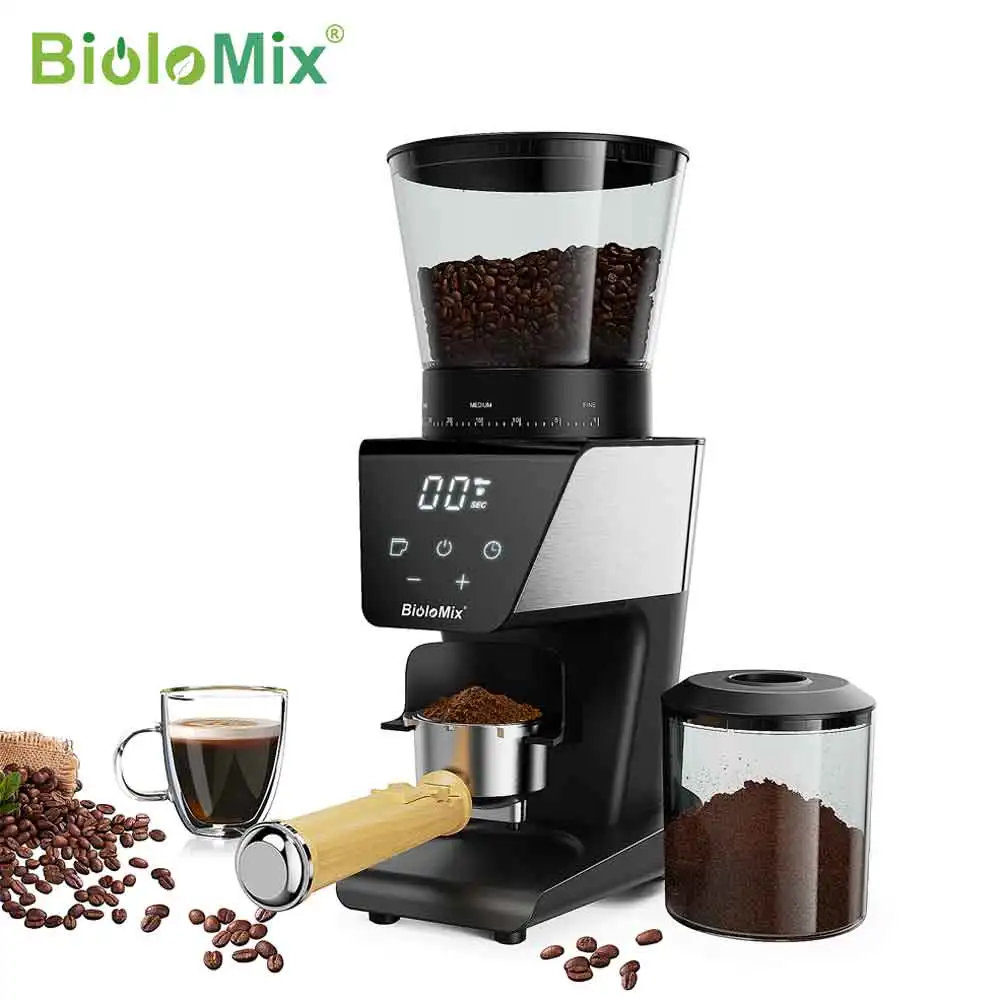 BioloMix Automatic Burr Mill Electric Coffee Grinder with 30 Gears for Espresso American Coffee Pour Over Visual Bean Storage-animated-img