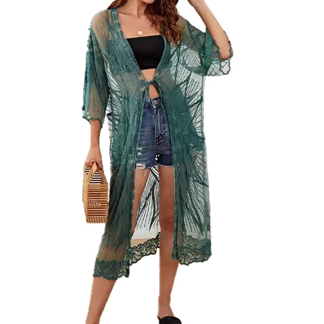 Kimono Cardigan Solid Color Floral Lace 