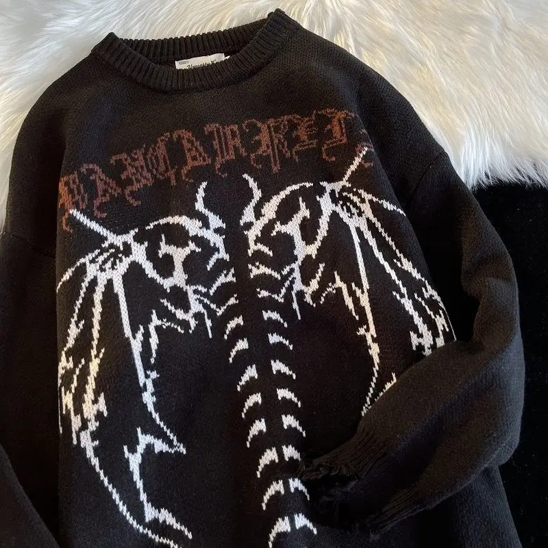 New Hip Hop Streetwear Knitted Sweater men Gothic Letter Bat Skeleton Print Pullover 2021 autumn Harajuku Cotton sweater women