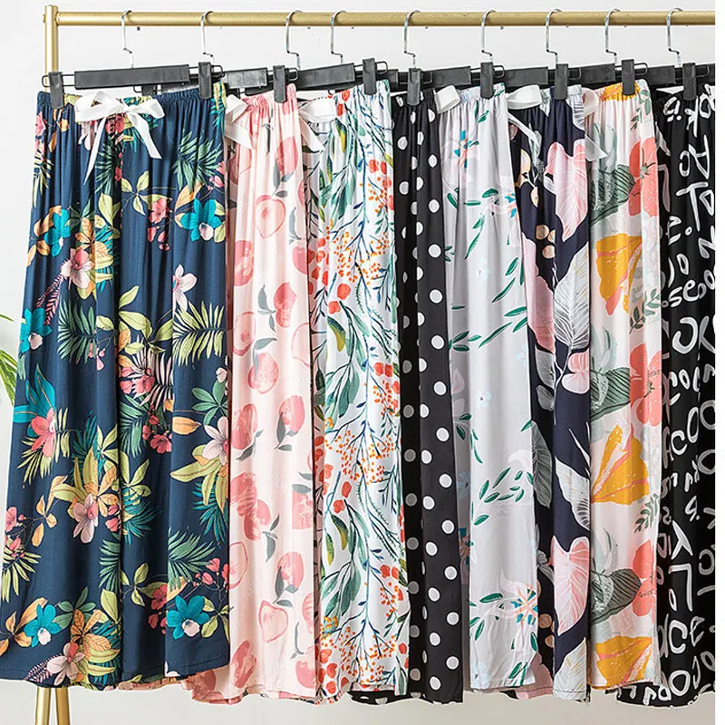 Women's Pajama Pants Home Pants Summer Thin Sleep Bottoms Floral Printed Pajama Trousers Wide Leg Loose Big Size Bottoms Pyjamas-animated-img