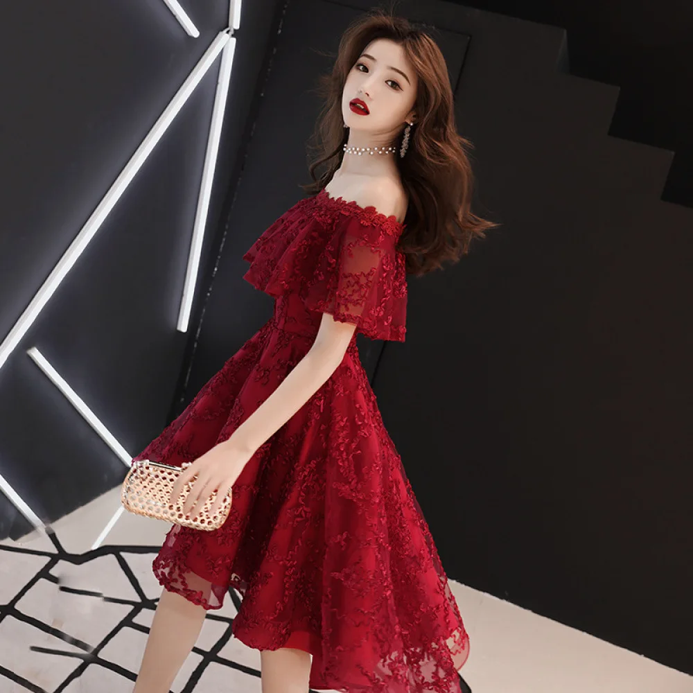 Knee Length Short Sleeve Women Wine Red 