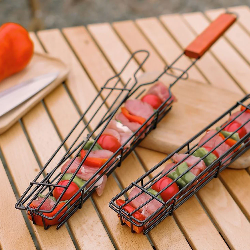 1PC Wooden Handle Barbecue Cage Outdoor Camping Barbecue Net Square Meat and Vegetable Barbecue Tube-animated-img