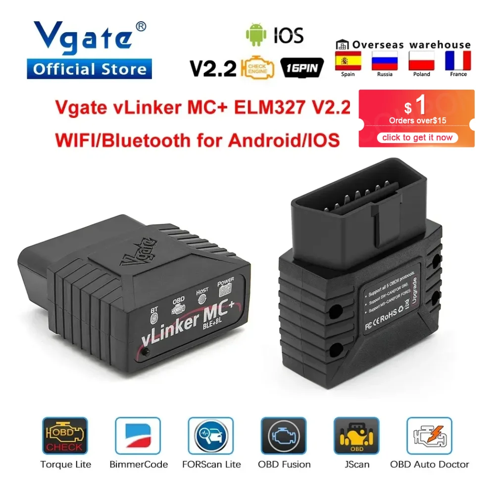 Купить Алиэкспресс  Vgate vLinker MC+ ELM 327 V2.2 Bluetooth 4.0