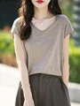 New Chic Women V-neck T-shirt Basic Soft Silk Wool Short Sleeve Pullover Sweater 30% Merino Wool Knitwear Korean Popular Tops