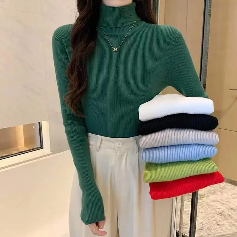 Autumn/winter New Polo/turtle Neck Slim Fit Women's Green Sweater Base Layer Top Stylish Inner Long Sleeve Knitted Top-animated-img