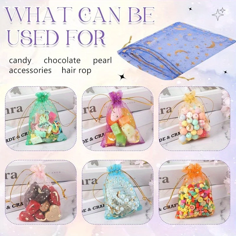 50PCS Moon Stars Drawstring Organza Bags Jewelry Gift Bags Pouches Gold Star Organza Favor Pouches for Christmas Wedding preview-4