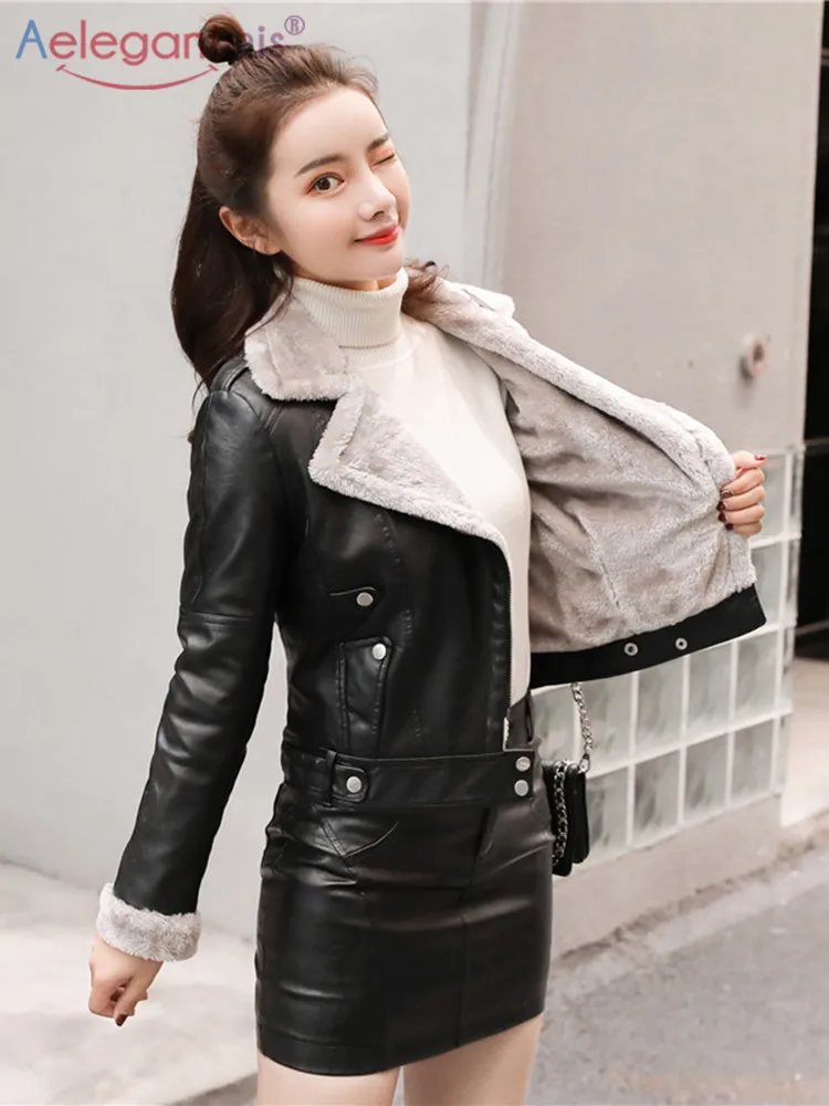 Aelegantmis Faux Fur Coat Women Leather 