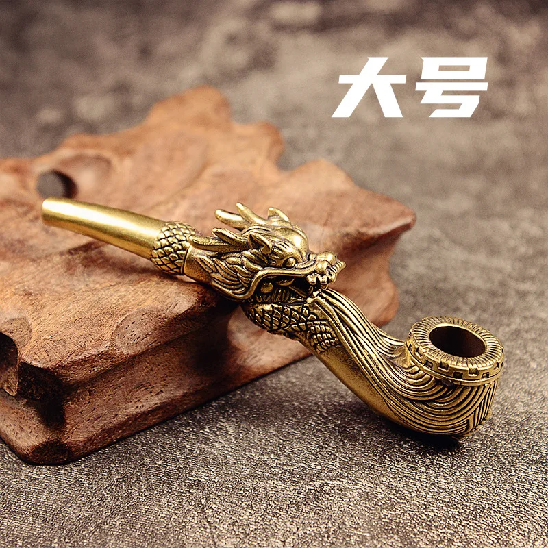 Vintage Brass Tobacco Pipe with Creative Dragon Head Design - Durable Metal Smoking Pipe Gift for Father/Grandfather-animated-img