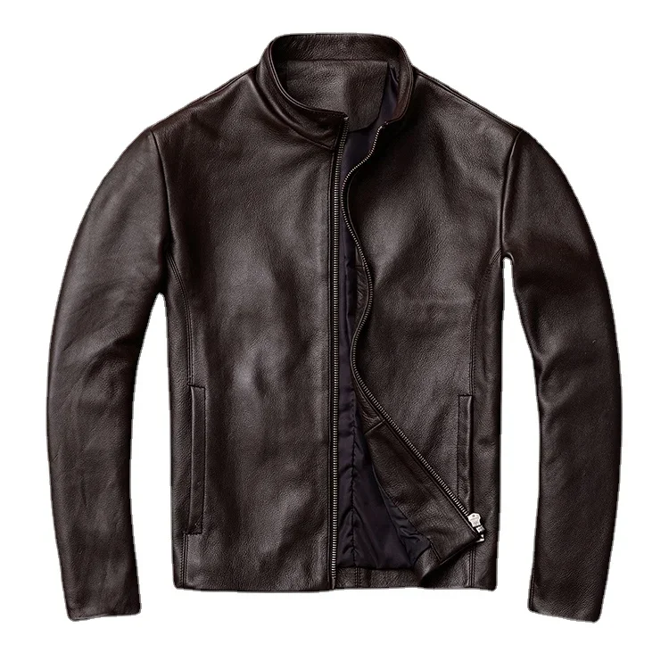Casual Men Leather Jacket Thin Soft Cowhide Leather Black Brown Standard Collar Mens Coats Spring Jaquetas Masculina De Couro-animated-img