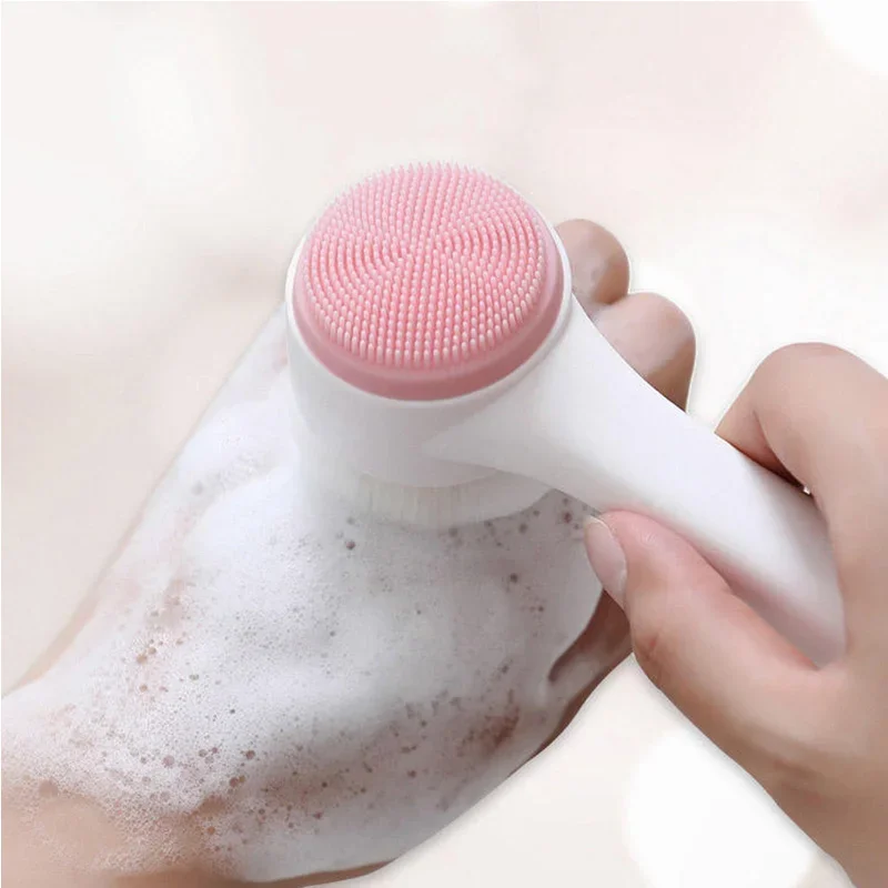 3D double silicone facial cleansing brush manual massage facial brush soft bristles exfoliator double sided face wash brush-animated-img