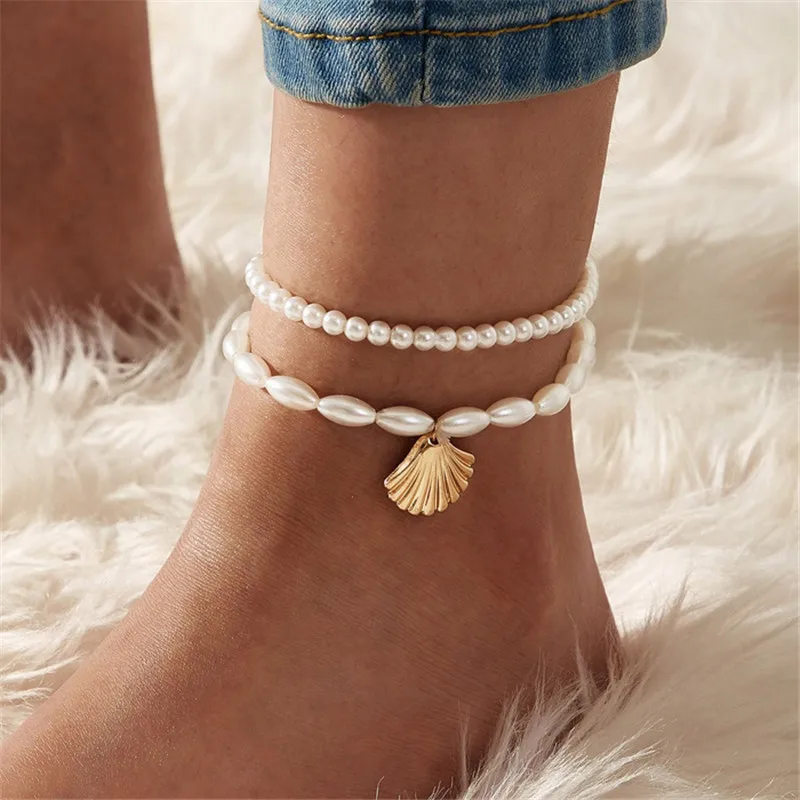 Modyle New Fashion Bohemian Simulated Pearl Chain Wedding Anklet Bracelet for Women Gold Color Shell Pendant Anklet Jewelry Gift-animated-img